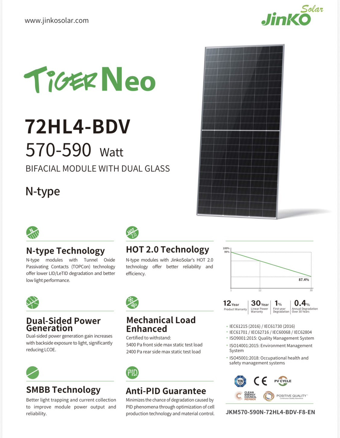 JINKO แผงโซล่าเซลล์  580W MONOCRYSTALLINE รุ่น 72HL4-BDV  N-Type Bifacila 2,278 X 1,134 X 30mm สีดำ