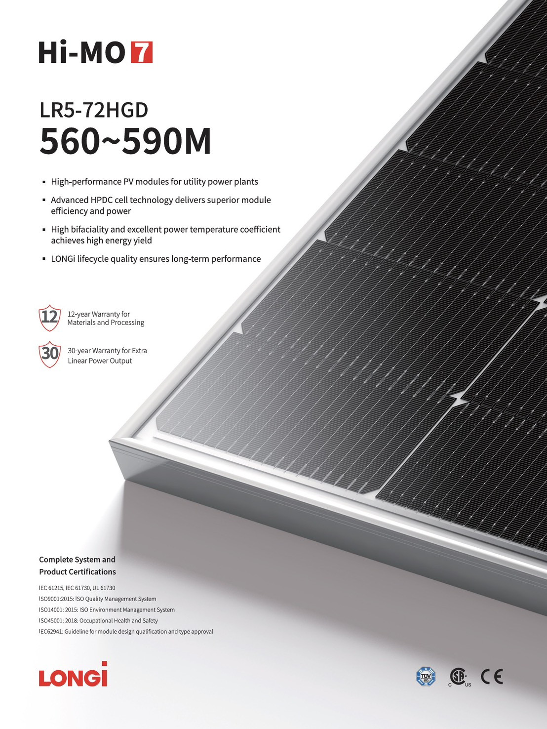LONGI แผงโซล่าเซลล์  580W MONOCRYSTALLINE รุ่น LR5-72HGD N-Type Bifacila 2,278 X 1,134 X 30mm สีดำ