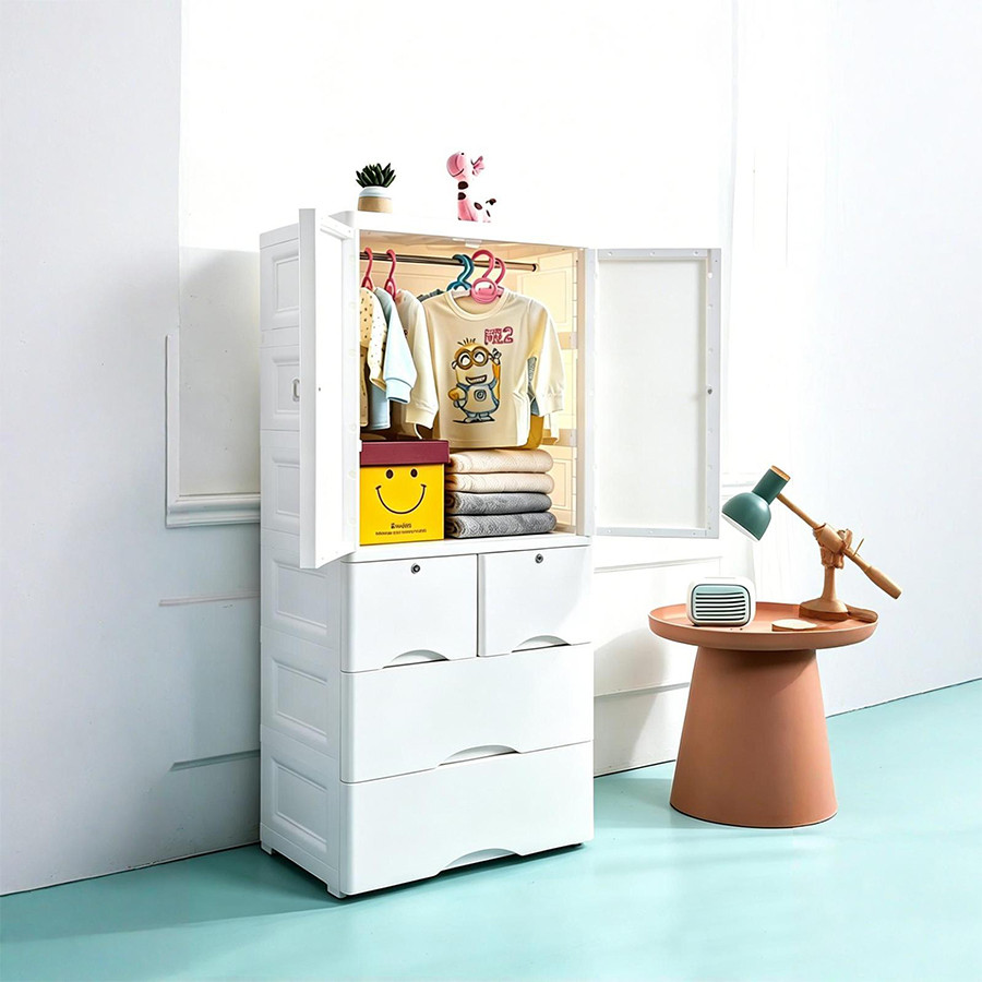 GOME ตู้ลิ้นชักพลาสติกบานเปิดคู่  ขนาด 46x65x156 ซม. 4 ลิ้นชัก รุ่น Harmony Duo สีขาว