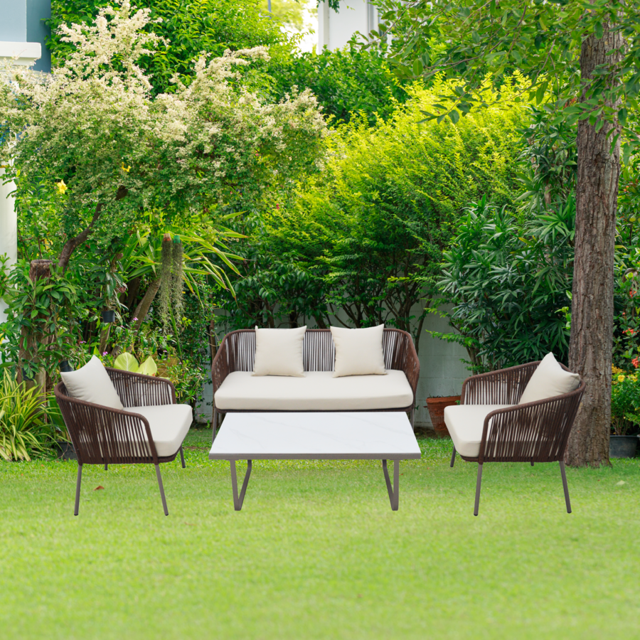 (1/5)SUMMER SETชุดเซตโซฟา outdoor อลูมิเนียม  5 ที่นั่ง PHANGAN ขนาด โต๊ะ: 120x60x42 ซม. เก้าอี้ 1ที่นั่ง : 62x68x78 ซม. เก้าอี้ 3 ที่นั่ง : 150x68x78 ซม. สีน้ำตาล