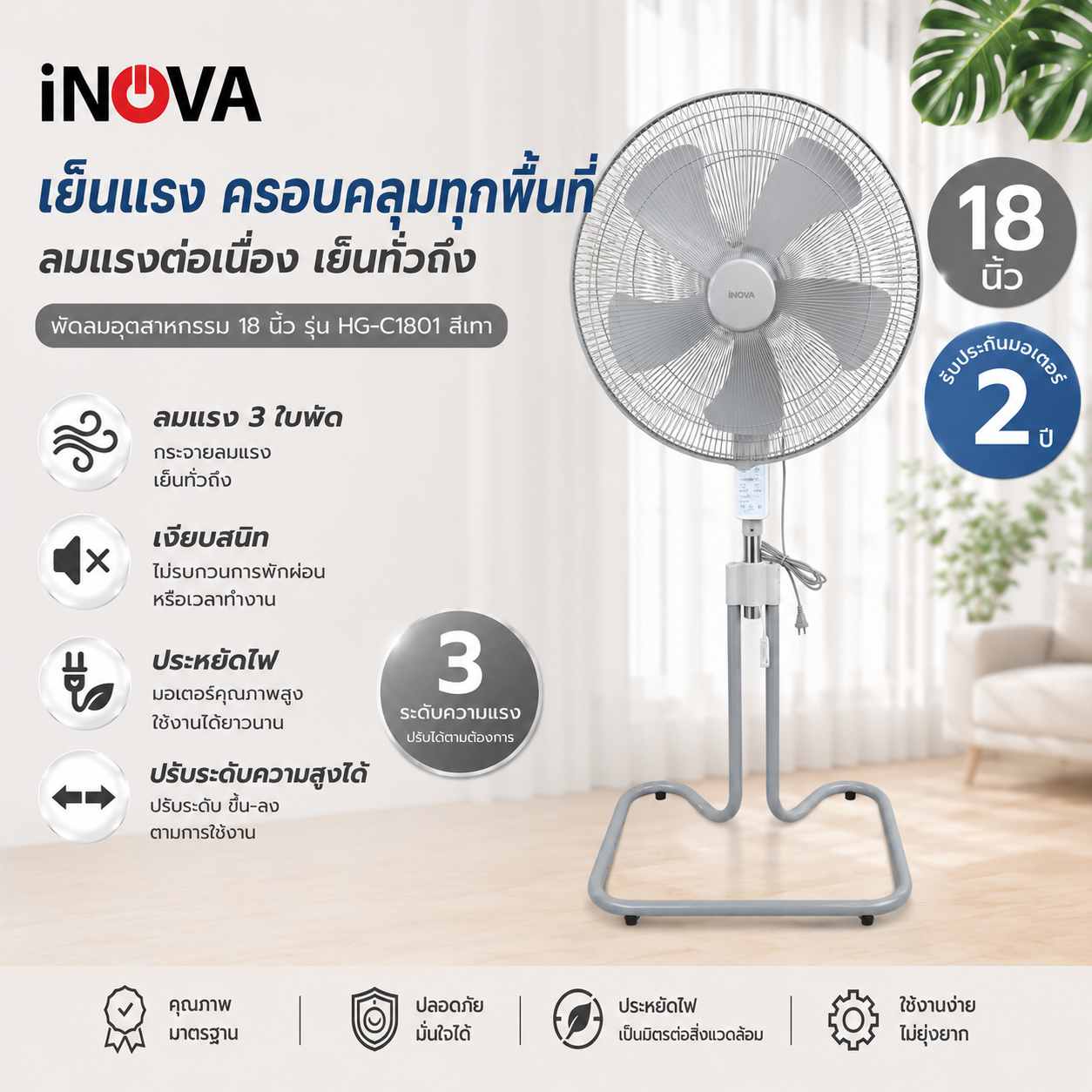 INOVA พัดลมอุตสาหกรรม 18 นิ้ว รุ่นHG-C1801 สีเทา