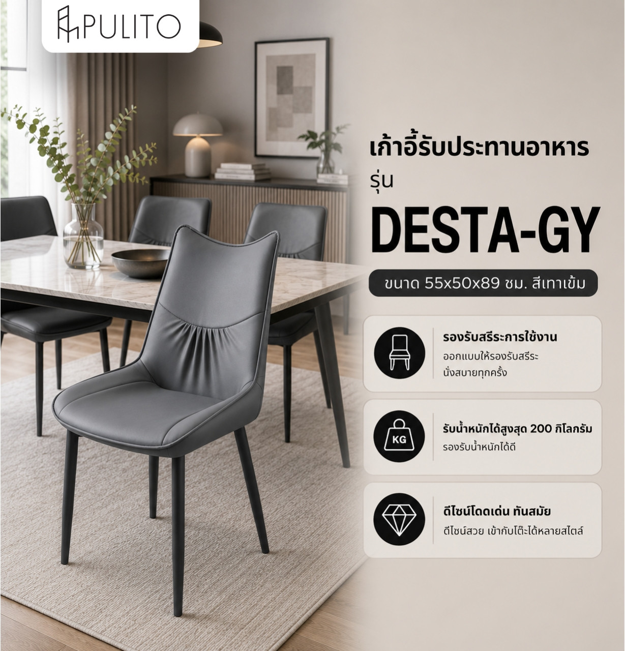 (1/2)PULITO  เก้าอี้รับประทานอาหาร รุ่่น DESTA-GY ขนาด 55x50x89 ซม. สีเทาเข้ม