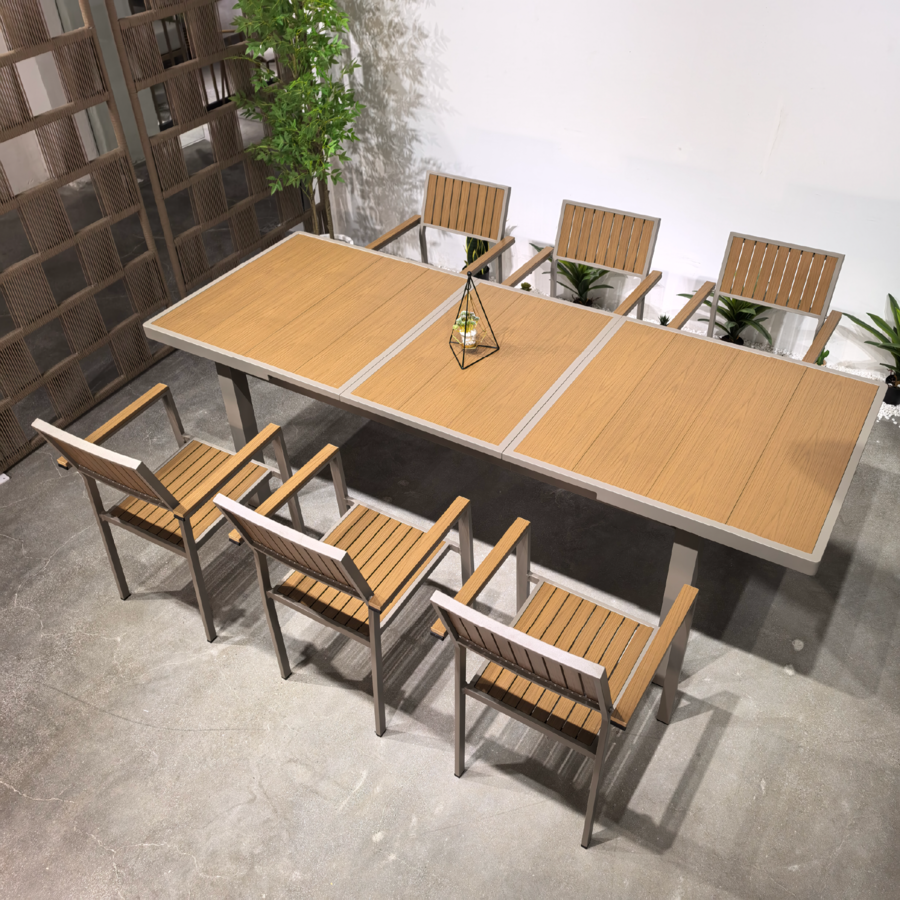 (1/2)SUMMER SETชุดโต๊ะรับประทานอาหาร outdoor 6 ที่นั่ง YOR ขนาด โต๊ะ: 90x180-240x75 ซม. เก้าอี้ : 55x57x84 ซม. สีน้ำตาล