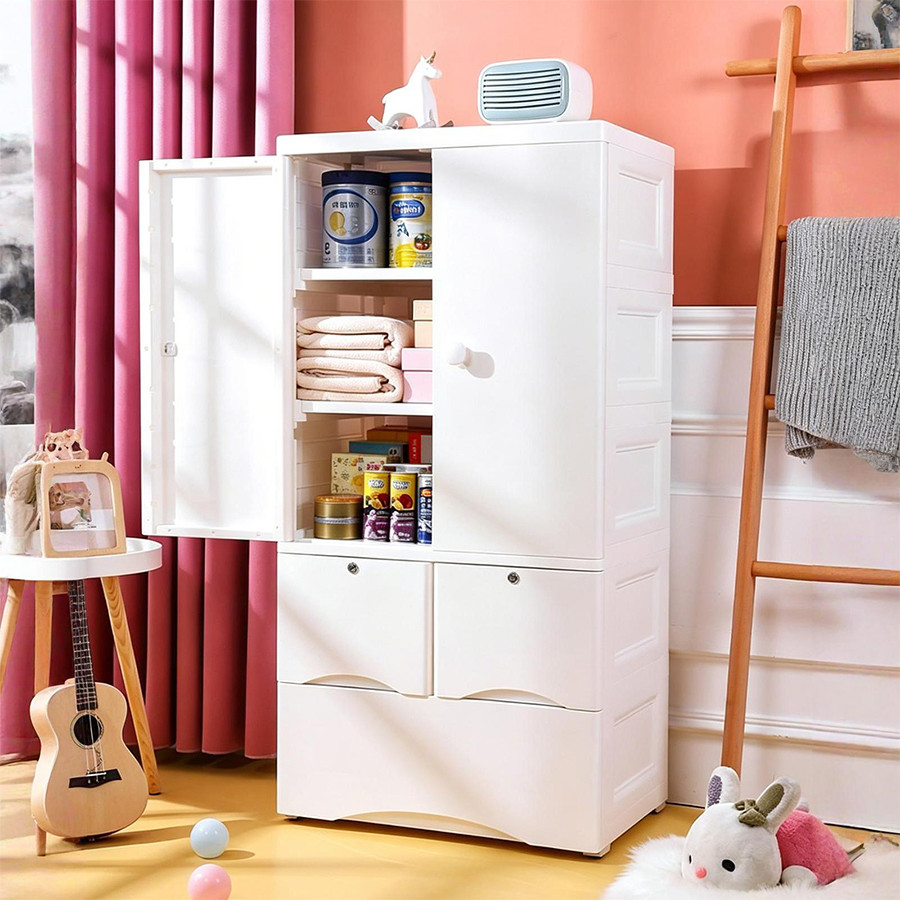 GOME ตู้ลิ้นชักพลาสติกบานเปิดคู่  ขนาด 46x65x131 ซม.3 ลิ้นชัก รุ่น Harmony Duo สีขาว