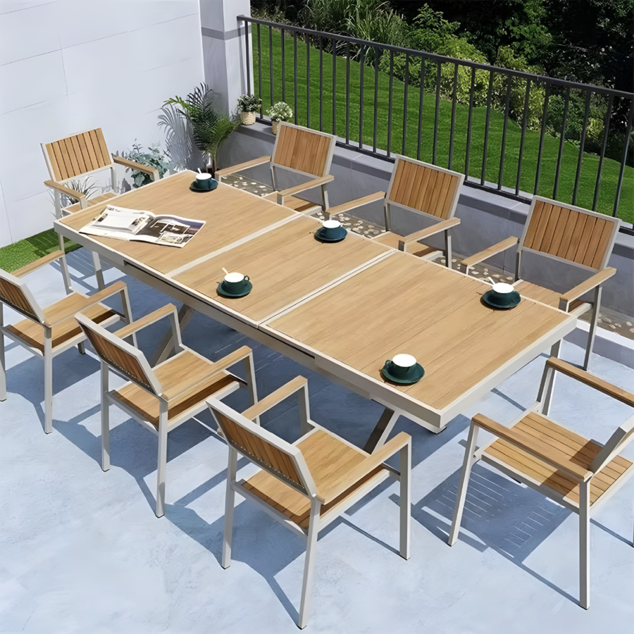 (1/2)SUMMER SETชุดโต๊ะรับประทานอาหาร outdoor 6 ที่นั่ง YOR ขนาด โต๊ะ: 90x180-240x75 ซม. เก้าอี้ : 55x57x84 ซม. สีน้ำตาล