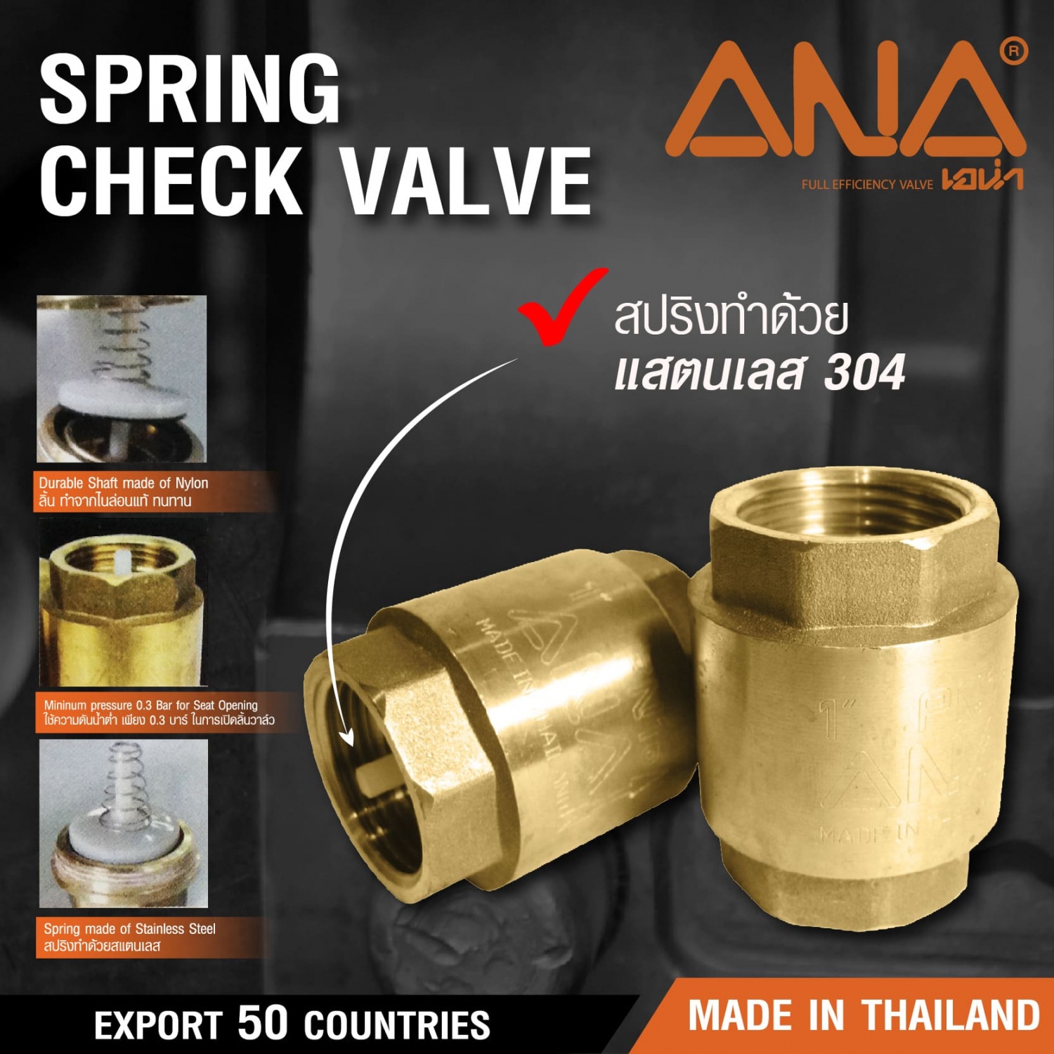 ANA เช็ควาล์วสปริงทองเหลือง 1 สปริงสเตนเลส รุ่น BC