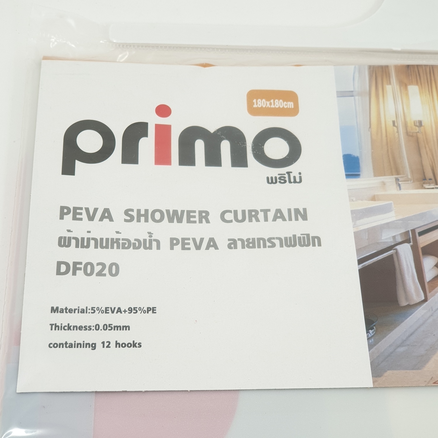Primo ผ้าม่านห้องน้ำ PEVA ลายกราฟฟิก รุ่น DF020 ขนาด 180x180 ซม. สีแดง
