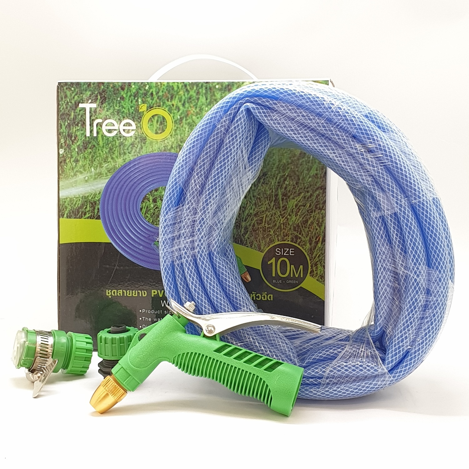 Tree O ชุดสายยางpvc ใสถัก 1/2 นิ้ว พร้อมหัวฉีด ยาว 10 เมตร PQS-PC10 สีน้ำเงิน
