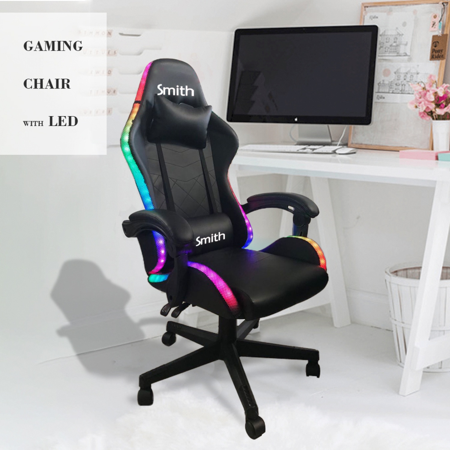 SMITH เก้าอี้เล่นเกมพร้อมไฟLED รุ่น CSJ01RF ขนาด55x59x127 ซม. สีดำ