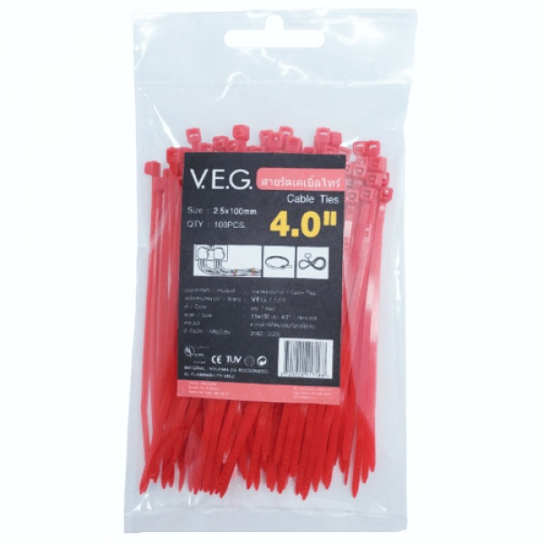 V.E.G. เคเบิ้ลไทร์ 2.5x100 mm. 4.0นิ้ว (100Pcs/Pack) สีแดง