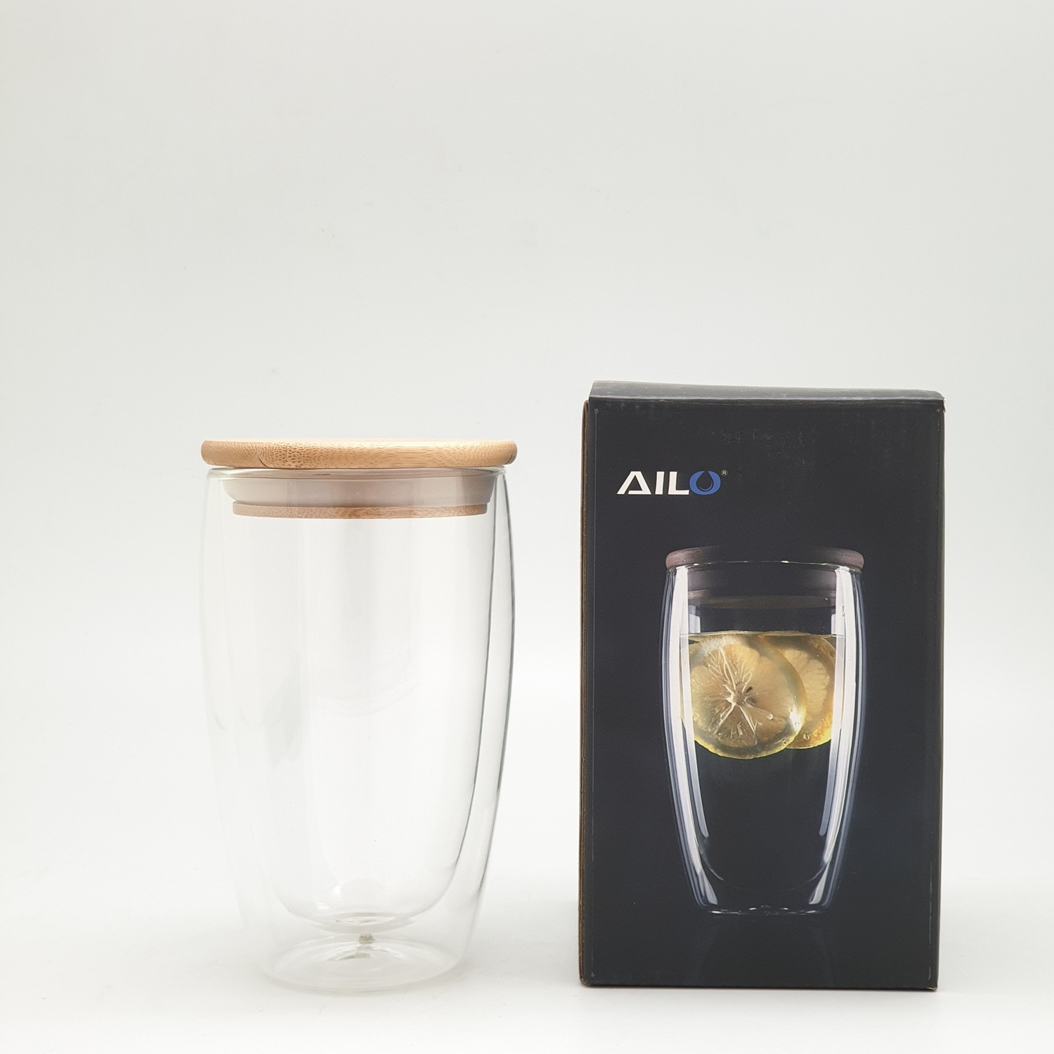 AILO แก้วใสสองชั้น พร้อมฝาไม้ปิด 450 ml. XXL003
