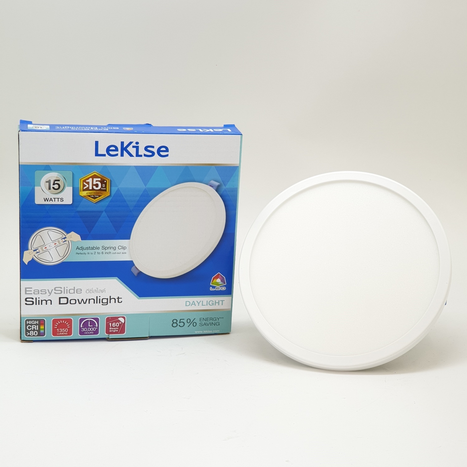 LEKISE โคมดาวน์ไลท์ LED แบบฝังฝ้าหน้ากลม 5 นิ้ว 15W รุ่นสลิมอีซี่สไลด์ แสงเดย์ไลท์