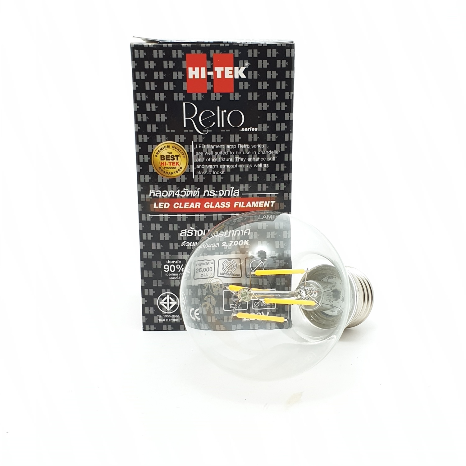 HI-TEK หลอดแอลอีดีฟิลาเมนท์4วัตต์กระจกใส ขั้วเกลียว แสงนวล HLLA60004C