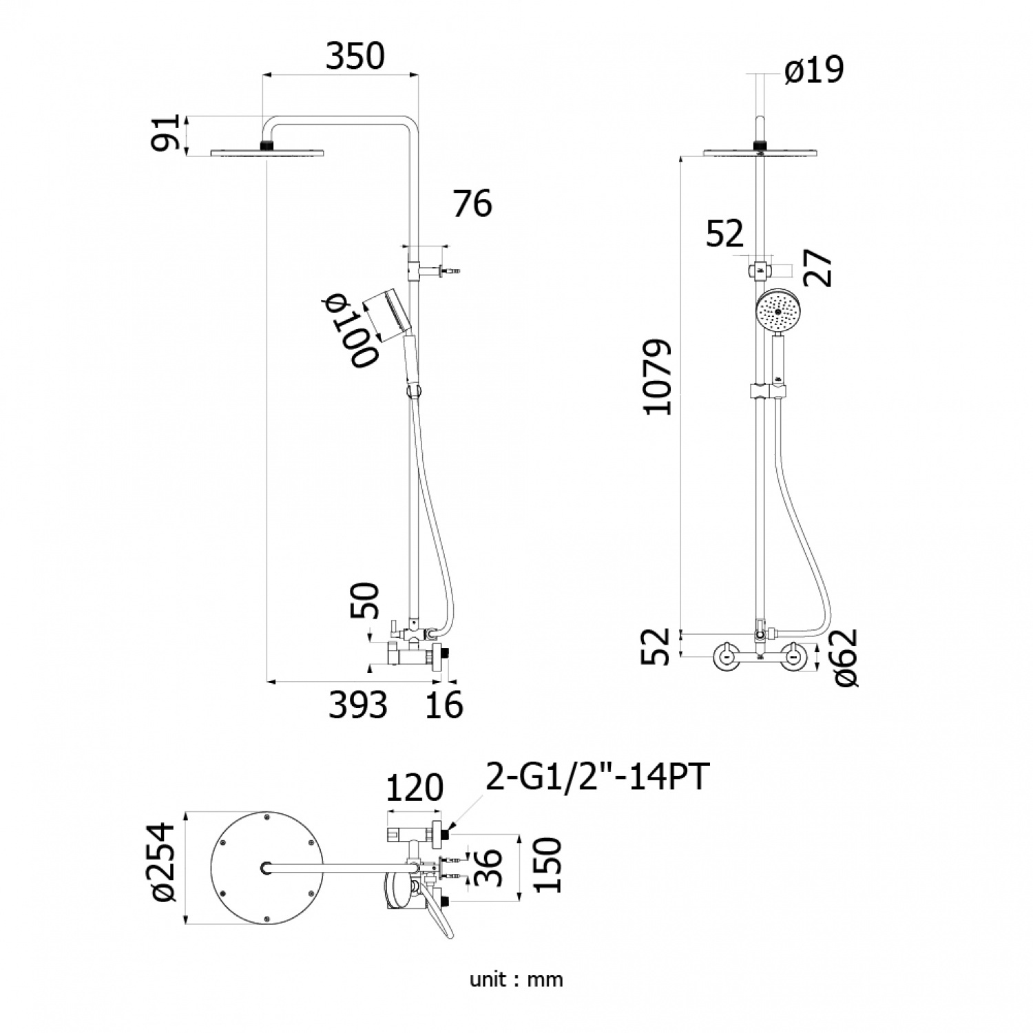 VRH Rain shower วาล์วคู่ผสม ครบชุดหัวกลมขนาด 10 นิ้ว สเตนเล GlobalHouse