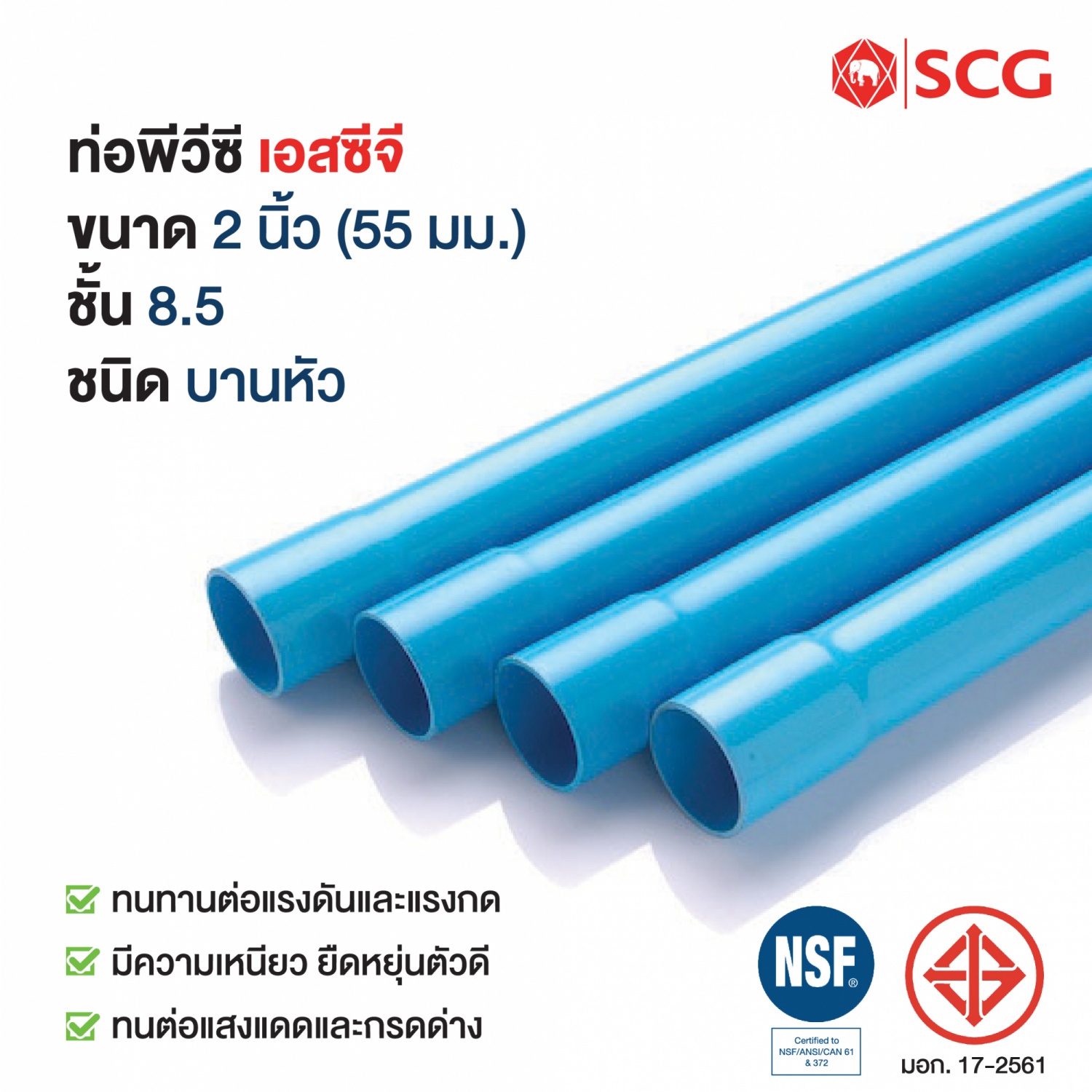 SCG ท่อพีวีซี 2 นิ้ว(55) ชั้น 8.5 ปลายบาน