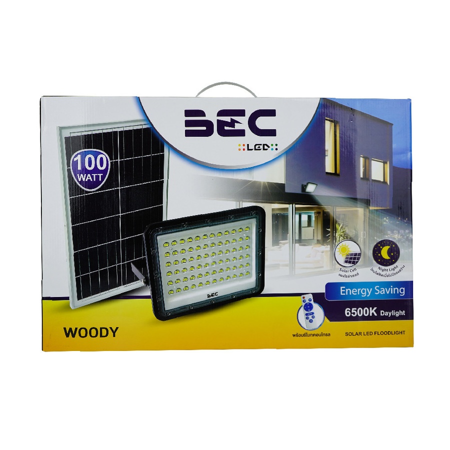 BEC โคมฟลัดไลท์โซลาร์เซลล์ LED 100W 6500K รุ่น Woody แสงเดย์ไลท์