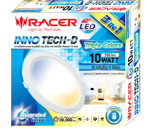RACER โคมดาวน์ไลท์ LED แบบฝังฝ้าหน้ากลม 10W รุ่น INNO TECH-D 3แสง
