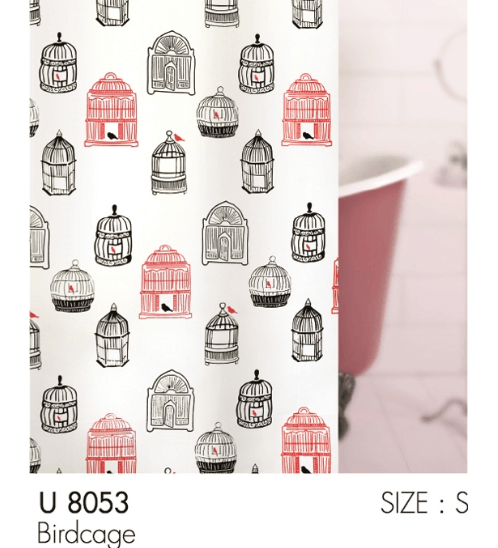 WSP ผ้าม่านห้องน้ำ PEVA ลายกรงนก รุ่น SCP-18/U8054 ขนาด 180x180 ซม. สีดำ-แดง