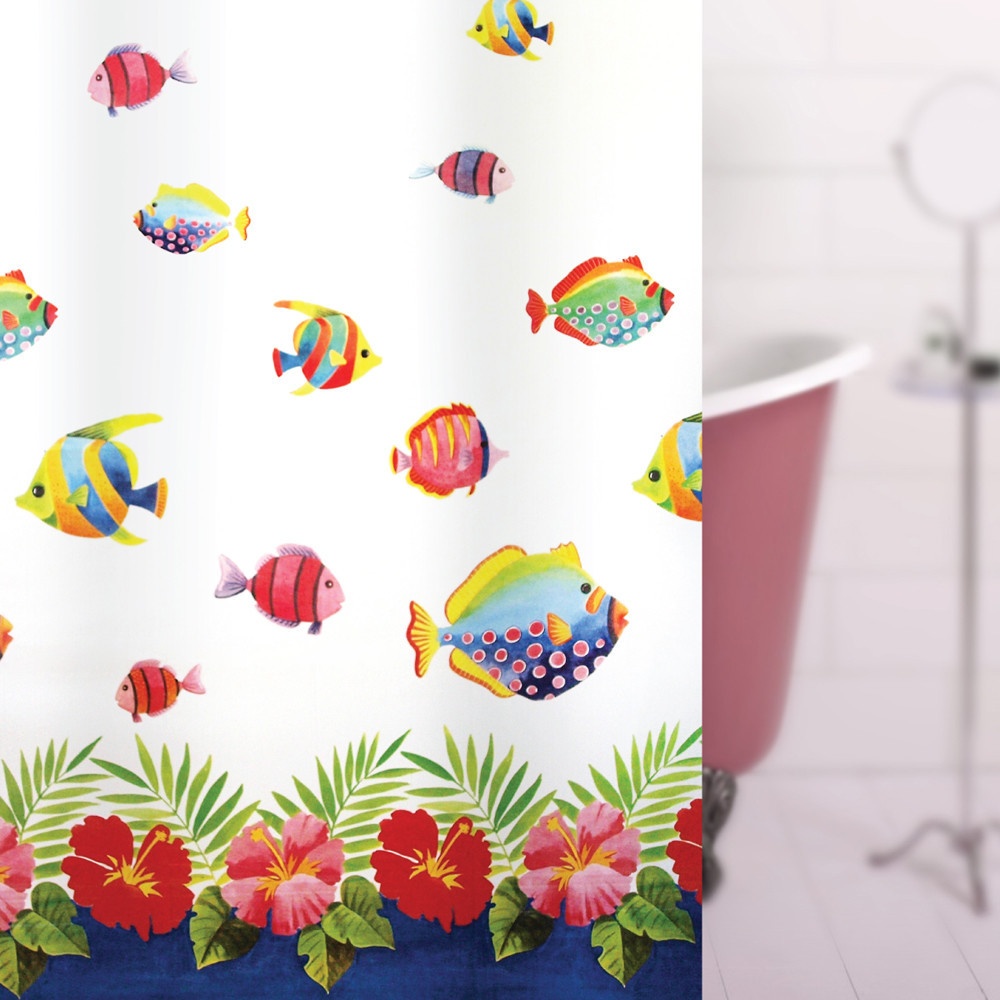 WSP ผ้าม่านห้องน้ำ PEVA ลายปลา รุ่น SCP-18/U8049 ขนาด 180x180 ซม. สีแดง