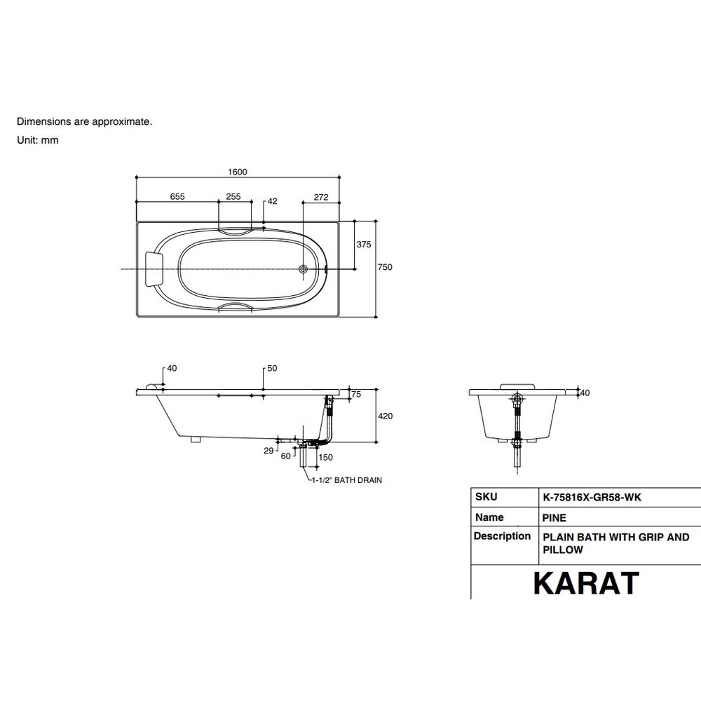 Karat อ่างอาบน้ำแบบก่อ มีมือจับ รุ่น ไพน์ K-75816X-GR58-WK