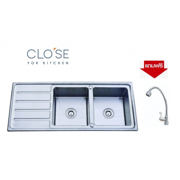 CLOSE อ่างล้างจาน 2 หลุมมีที่พัก SUS304 120x50x18 ซม. YTD12050K-PO