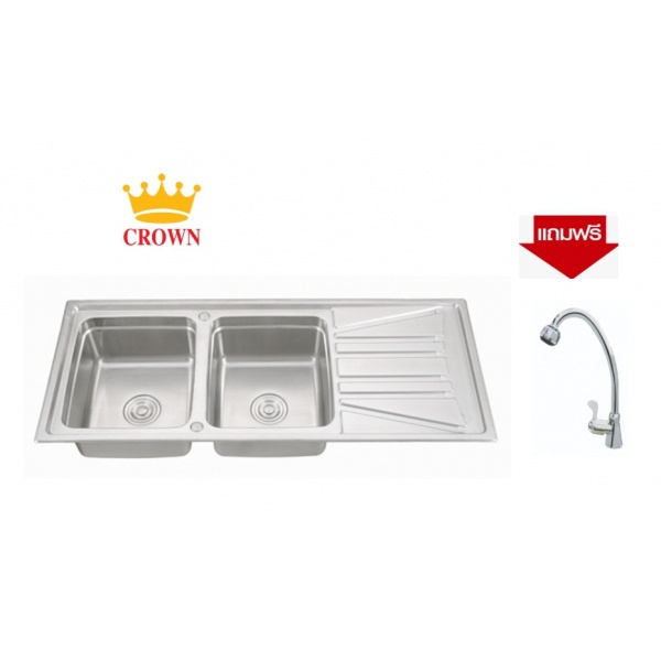 CROWN อ่างล้างจาน 2 หลุมมีที่พัก ขนาด 120x50x21 ซม. WDA12050C *แถมฟรี ก๊อกอ่างล้างจานเคาน์เตอร์ GH-0092*