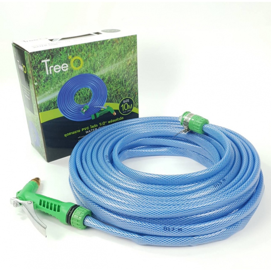 Tree O ชุดสายยาง PVC ใสถัก 1/2 นิ้ว พร้อมหัวฉีด ยาว 10M PQS-PC10 สีน้ำเงิน