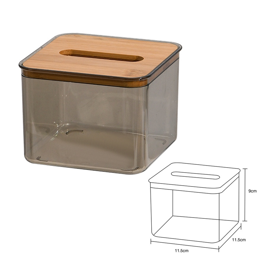 GOME กล่องทิชชู่พลาสติกเหลี่ยมฝาไม้  รุ่น TB001T ขนาด 11.5×11.5×H9 ซม. ใส