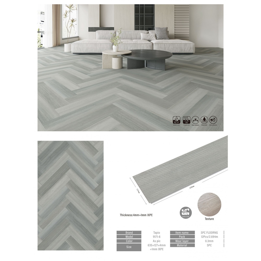 กระเบื้องยาง SPC Click lock 127x635x4+1mm มม รุ่น 29171-6  (1.774ตรม./22แผ่น) TAPIO  สี Grey Pine ปูแบบก้างปลา (herringbone)