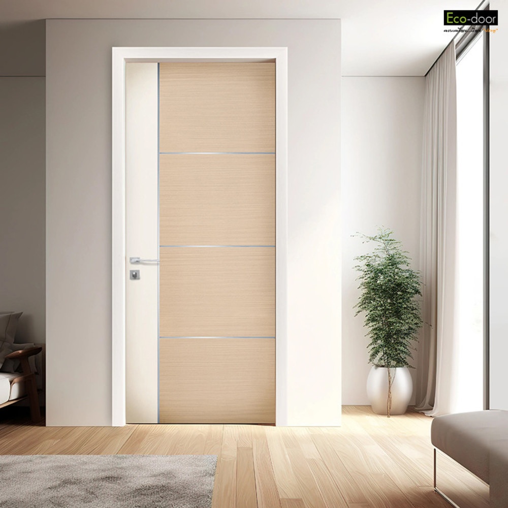 ECO-DOOR ประตูไม้ WPC รุ่น WP4 ภายใน ขนาด 80x200 ซม. สีไอเวอรี่ทีค (ไม่เจาะลูกบิด)