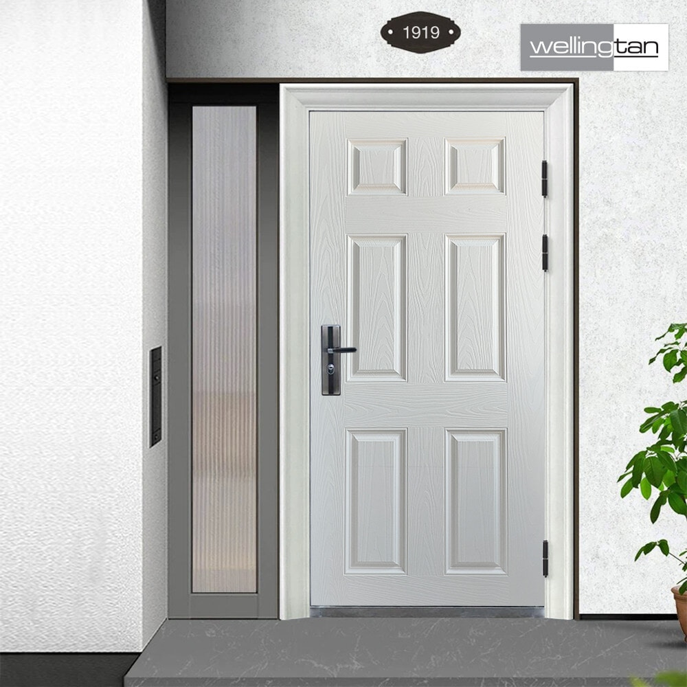 WELLINGTAN ประตูไฟเบอร์กลาส รุ่น P06-K01 80x200 ซม. สีขาวลายโอ๊ค (เจาะลูกบิด)