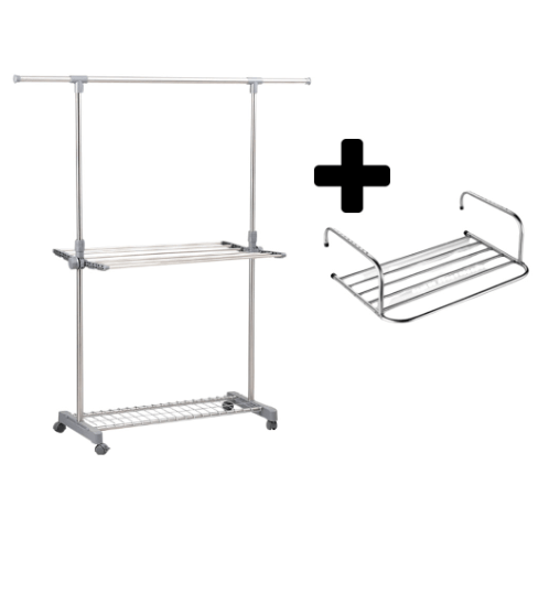 SAKU ราวตากผ้าสเตนเลส ขนาด 155x55x160cm PQS-6017 + ราวตากผ้าสเตนเลสแบบเกาะผนัง PQS-TX60