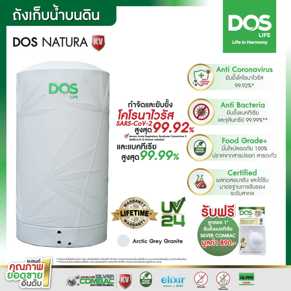 DOS ถังเก็บน้ำบนดินลายแกรนิต ยับยั้งแบคทีเรีย ขนาด 2000L รุ่น Natura KV สี Gray
