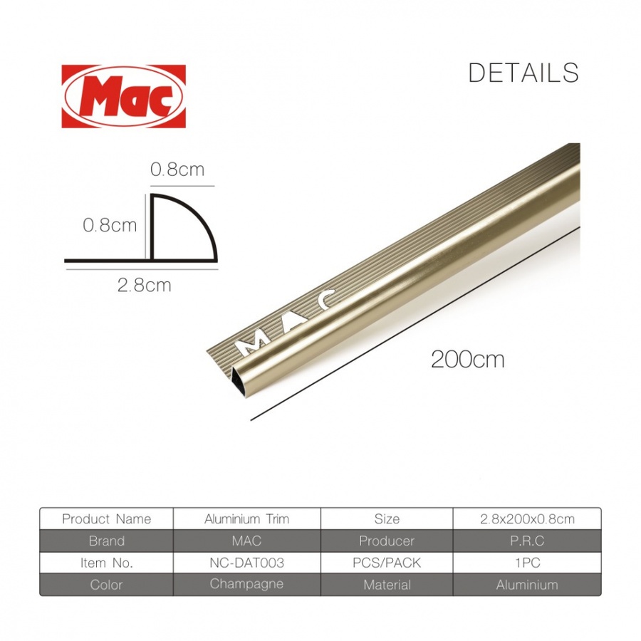 คิ้วอลูมิเนียมแบบโค้ง 8 มม. ยาว 2 เมตร. รุ่น NC- DAT003 champagne MAC