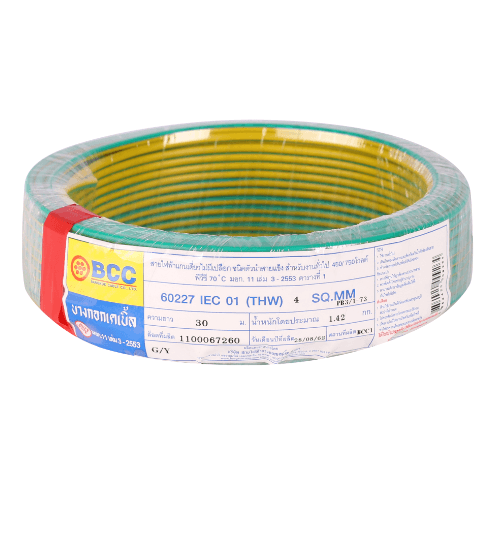 BCC สายไฟ THW IEC 01 1x4 สีเขียวแถบเหลือง 30ม.