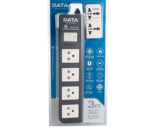 DATA รางปลั๊กไฟ มอก. 4 ช่อง 1 สวิตซ์ 3 เมตร 16 แอมป์ รุ่น APDW4245M3B สีดำ