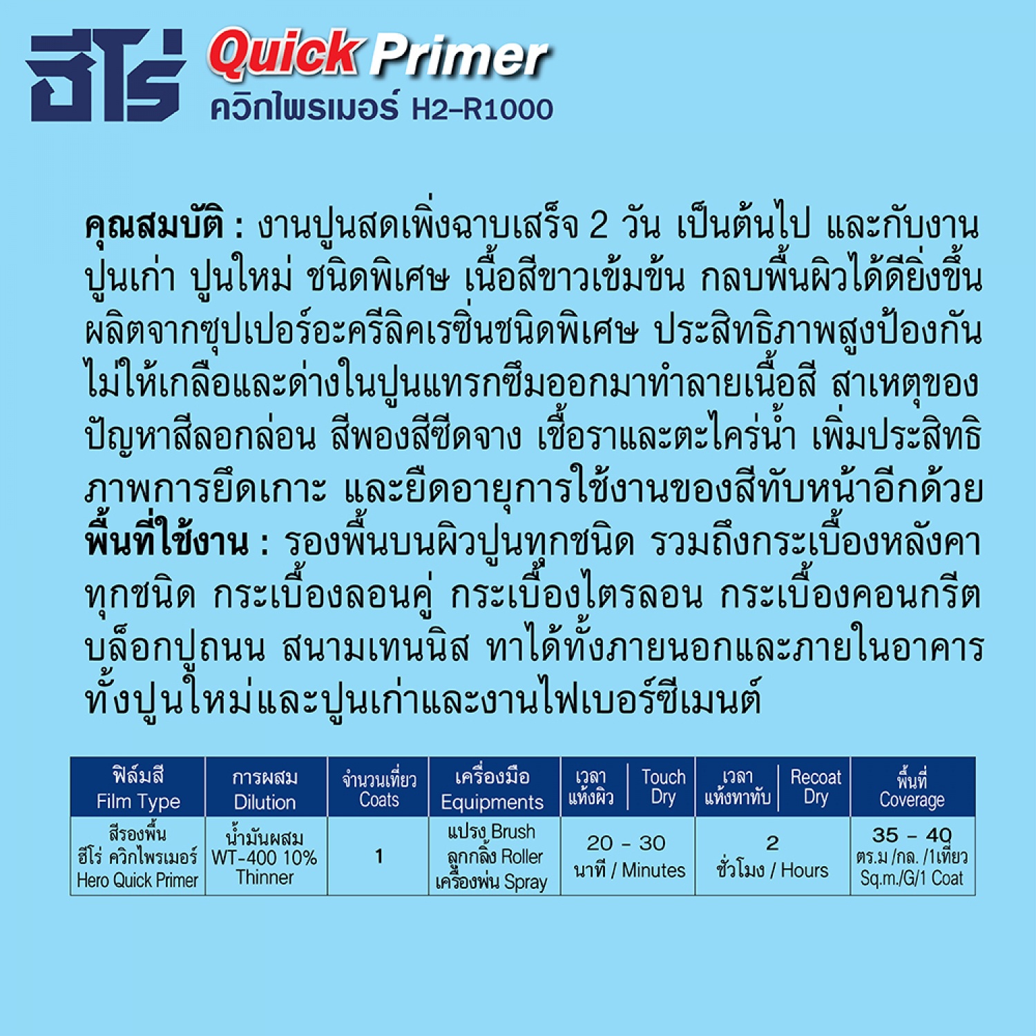 Hero ฮีโร่ สีรองพื้น ควิกไพรเมอร์ H-1000 ด้าน-สูตรน้ำมัน 1กล. สีขาว