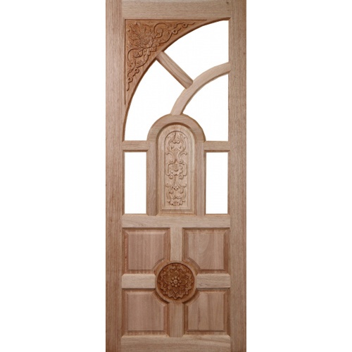 ประตูไม้สยาแดง ลูกฟักแกะลาย (โปร่ง) GC-01 80x200cm. BEST