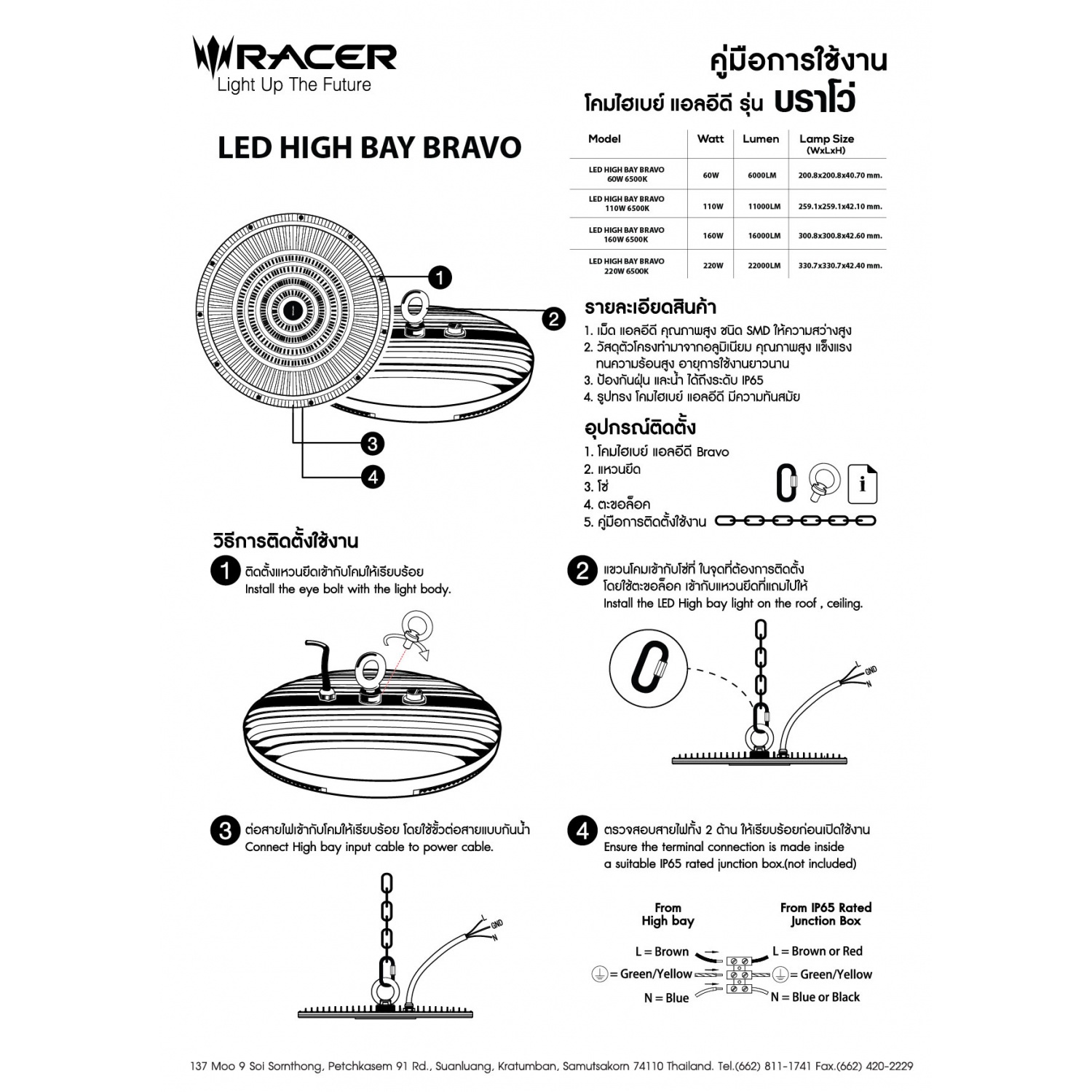 RACER โคมไฟไฮเบย์ เรเซอร์ แอล อี ดี รุ่น บราโว่ 160 วัตต์ แสงขาว
