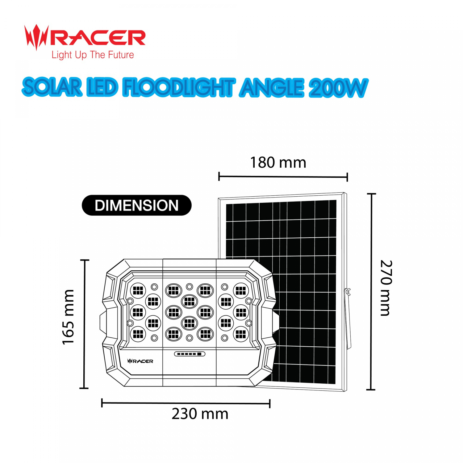 RACER โคมไฟฟลัดไลท์ แอลอีดี โซล่าเซลล์ รุ่น แองเกิล 200 วัตต์ แสงขาว