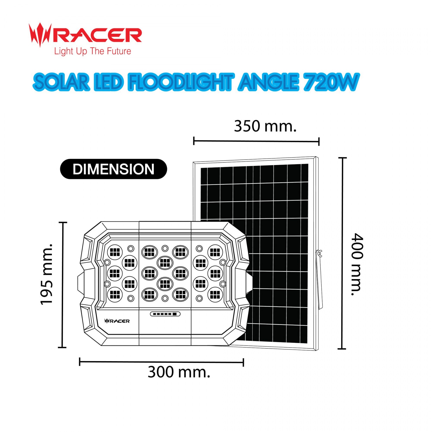 RACER โคมไฟฟลัดไลท์ แอลอีดี โซล่าเซลล์ รุ่น แองเกิล  720 วัตต์ แสงเหลือง