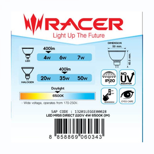 Racer หลอดไฟแอลอีดี MR16 แบบต่อตรง GU5.3 4W แสงเดย์ไลท์
