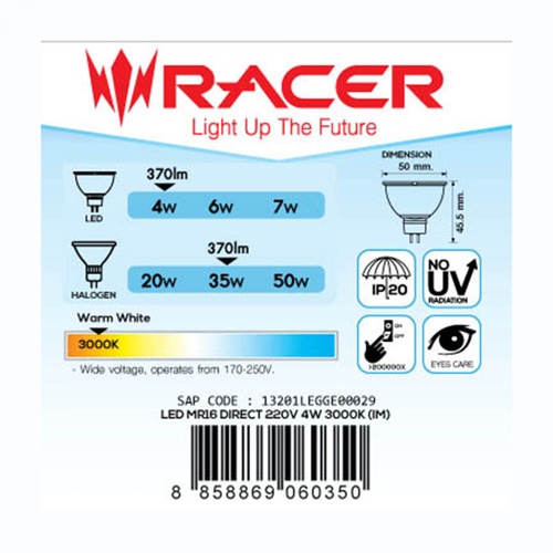 Racer หลอดไฟแอลอีดี MR16 แบบต่อตรง GU5.3 4W แสงวอร์มไลท์