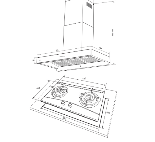 MEX ชุดเซ็ทเครื่องดูดควัน K632BFX90  + เตาฝัง MX472M สีขาว-ดำ