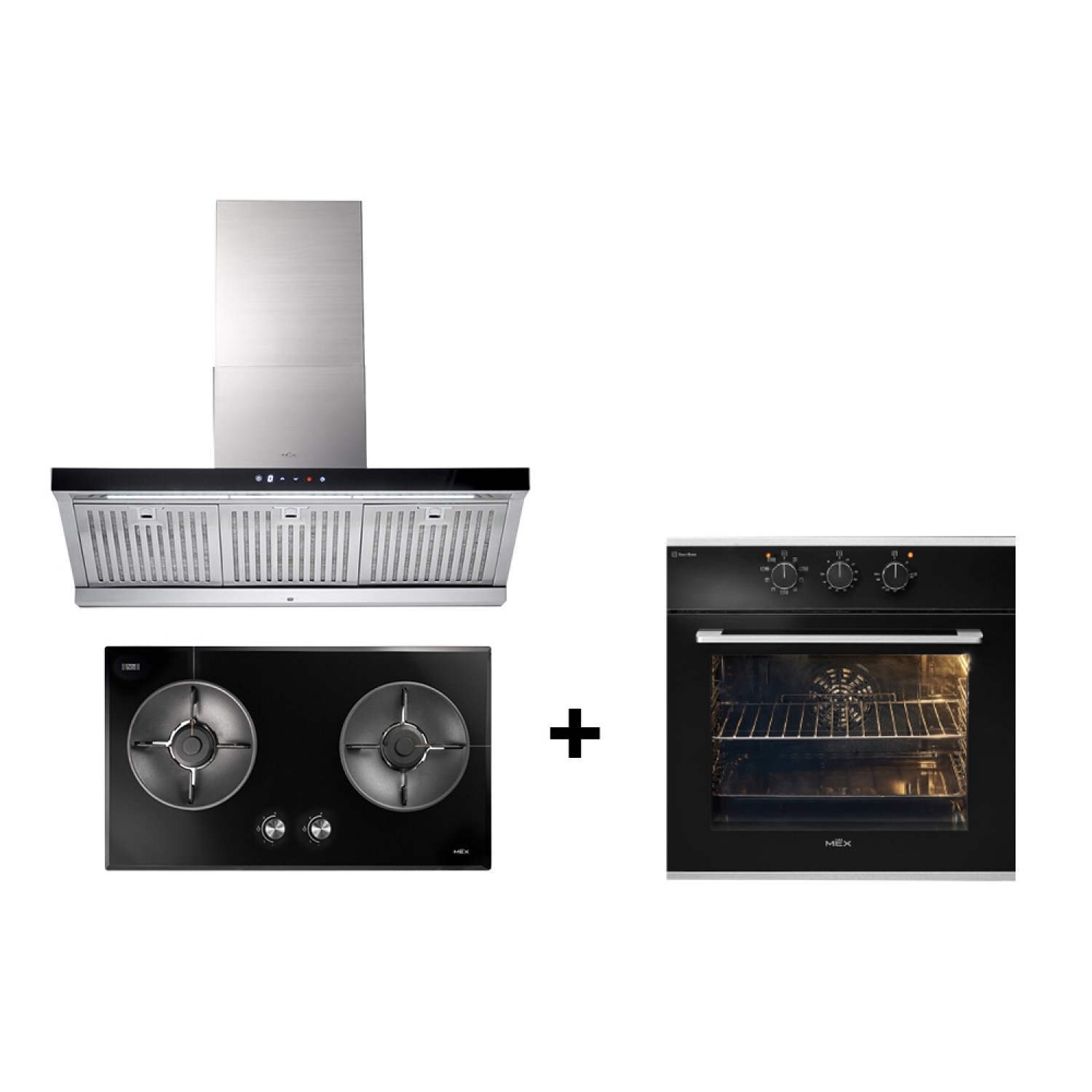 MEX ชุดเซ็ทเครื่องดูดควัน+เตาแก๊ส+เตาอบ รุ่น K635BFX90+V7812MHR+VRM9651B สีดำ