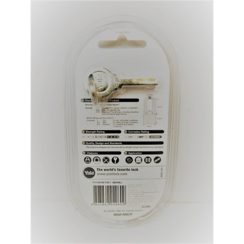 YALE กุญแจคล้องทองเหลือง ขนาด 40 มม.ห่วงยาว รุ่น Y117D/40/150/1 สีทองเหลือง