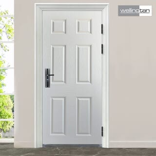 WELLINGTAN ประตูไฟเบอร์กลาส รุ่น P06-K01 80x200 ซม.  สีขาวลายโอ๊ค  (เจาะลูกบิด)