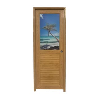 WELLINGTAN ประตูยูพีวีซีกระจกสกรีนลายทะเลพร้อมวงกบและบานพับ รุ่นJM-067 ขนาด 70x200ซม. สีน้ำตาล (เจาะลูกบิด)