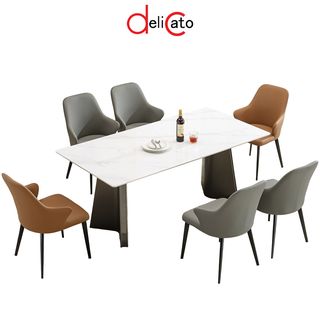 (1/5)DELICATO ชุดโต๊ะอาหารท็อปหินอ่อน 6ที่นั่ง Maki  ขนาดโต๊ะ 90x200x75 ซม. ขนาด 54x59x84 ซม. สีขาว 