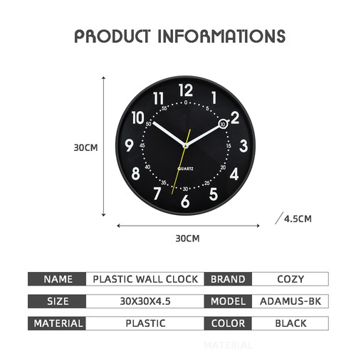 COZY นาฬิกาแขวนทรงกลม รุ่น ADAMUS-BK ขนาด 30x30x4.5ซม. สีดำ